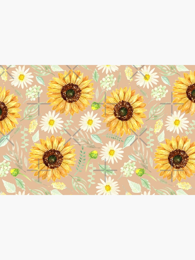 Disover Sunflowers and Daisies | Watercolor | Art | Pattern | Beige Bath Mat