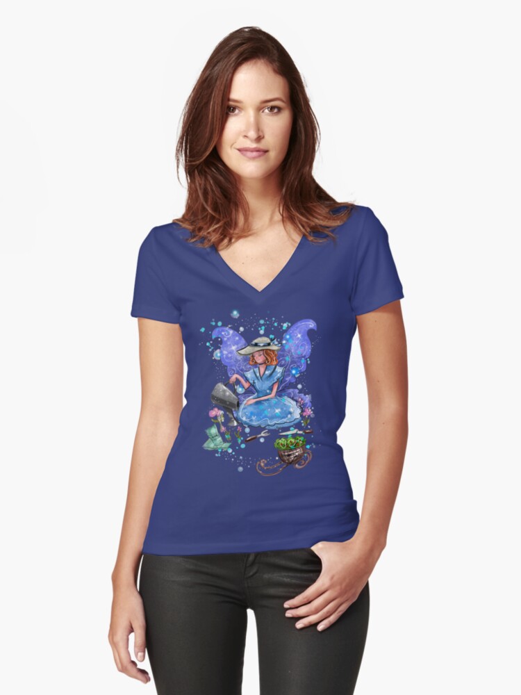 Thumbnail 1 of 3, Fitted V-Neck T-Shirt, Watrina The Watering Can, Tool And Flowerpot Fairy™ designed and sold by TeelieTurner.