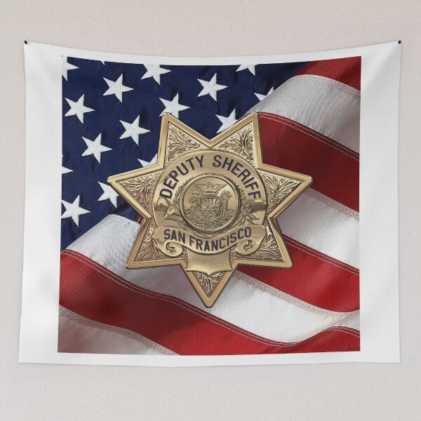Item preview, San Francisco Sheriff's Office - SFSO Deputy Sheriff Badge Badge over American Flag designed and sold by Serge Averbukh Art Studio.