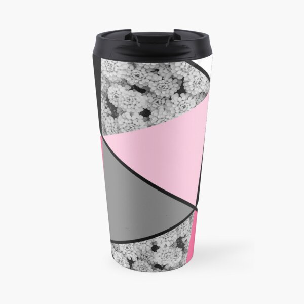 Triangles Black White Pink Grey and Flowers Travel Mug