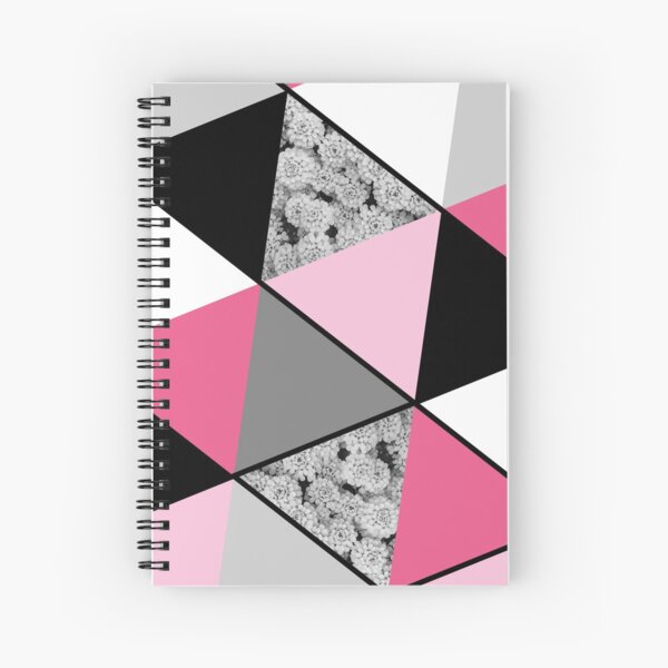 Triangles Black White Pink Grey and Flowers Spiral Notebook