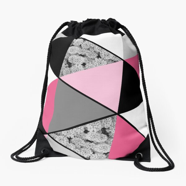 Triangles Black White Pink Grey and Flowers Drawstring Bag