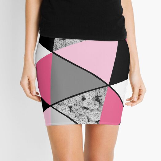 Triangles Black White Pink Grey and Flowers Mini Skirt