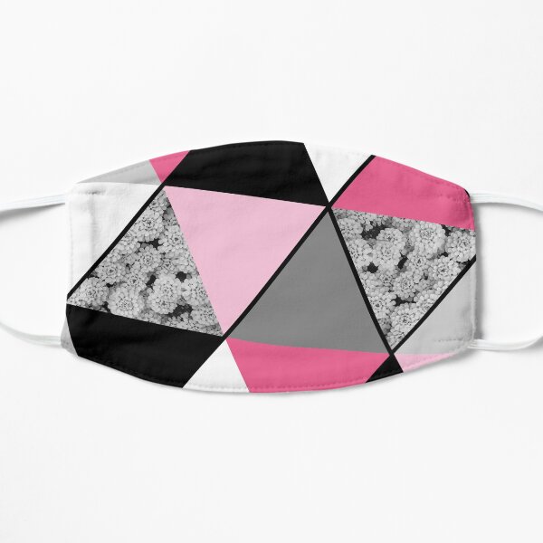 Triangles Black White Pink Grey and Flowers Flat Mask