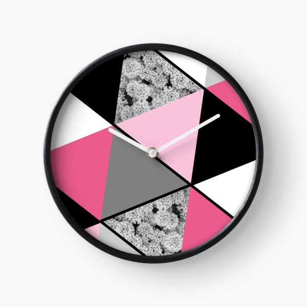 Triangles Black White Pink Grey and Flowers Clock