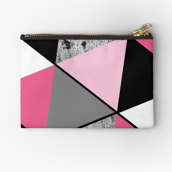 Triangles Black White Pink Grey and Flowers Zipper Pouch