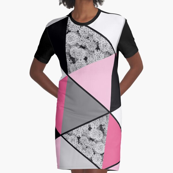 Triangles Black White Pink Grey and Flowers Graphic T-Shirt Dress