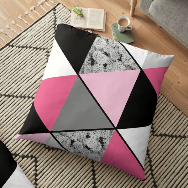 Triangles Black White Pink Grey and Flowers Floor Pillow