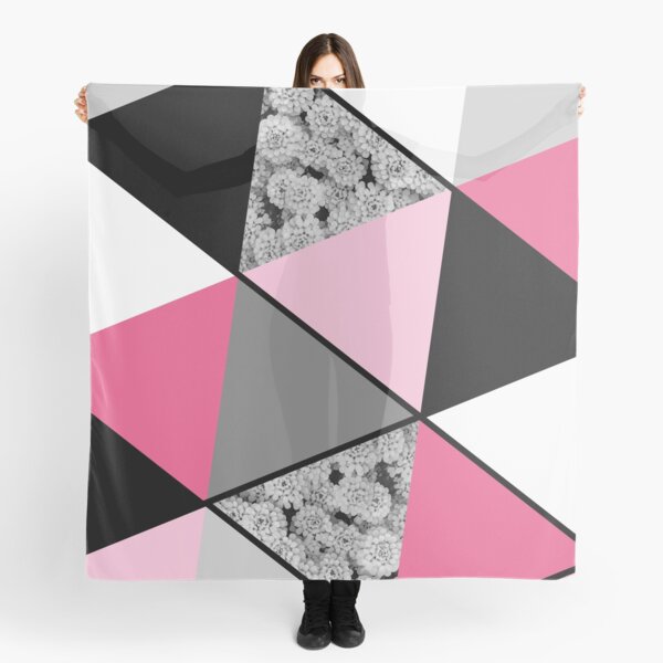 Triangles Black White Pink Grey and Flowers Scarf