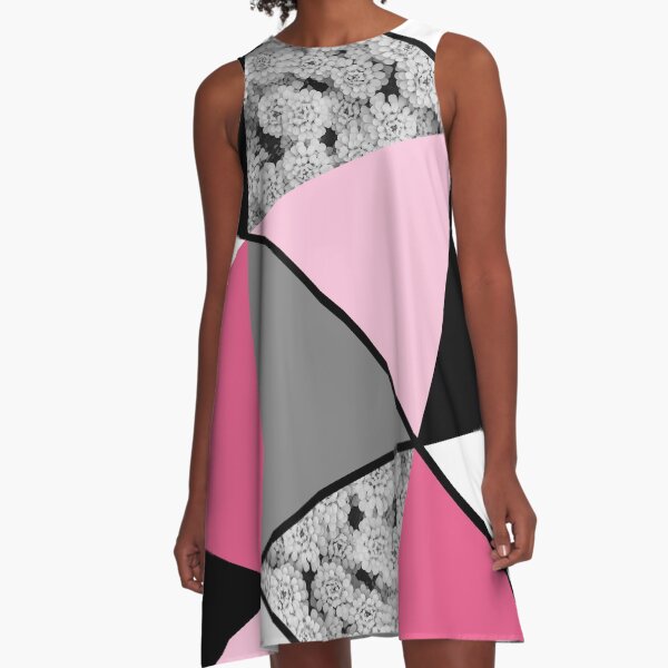 Triangles Black White Pink Grey and Flowers A-Line Dress