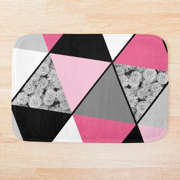 Triangles Black White Pink Grey and Flowers Bath Mat