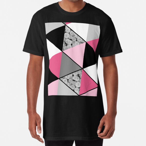 Triangles Black White Pink Grey and Flowers Long T-Shirt