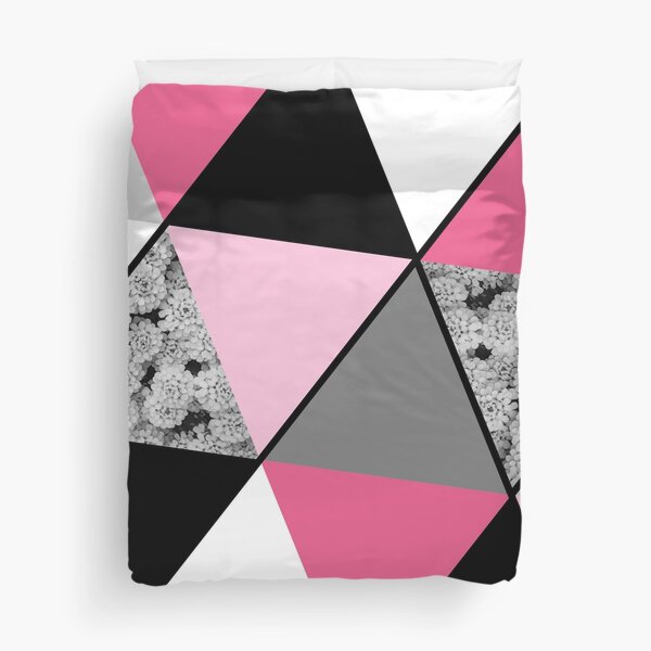 Triangles Black White Pink Grey and Flowers Duvet Cover