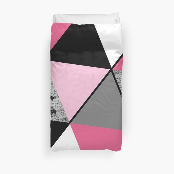 Triangles Black White Pink Grey and Flowers Duvet Cover
