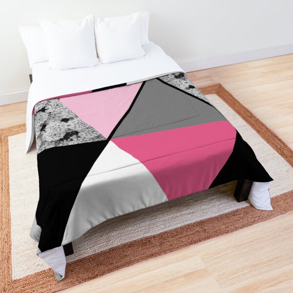 Triangles Black White Pink Grey and Flowers Comforter