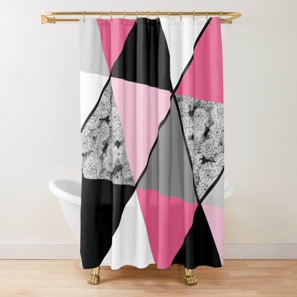 Triangles Black White Pink Grey and Flowers Shower Curtain