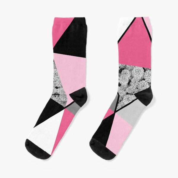 Triangles Black White Pink Grey and Flowers Socks