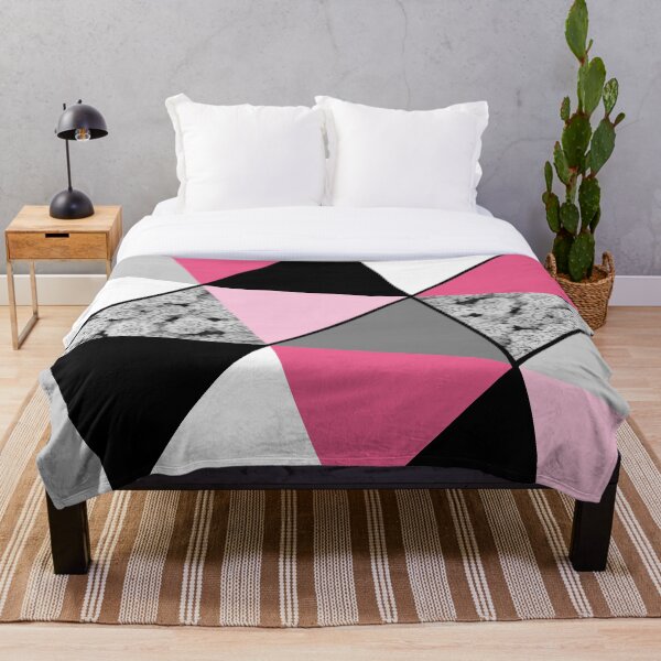 Triangles Black White Pink Grey and Flowers Throw Blanket