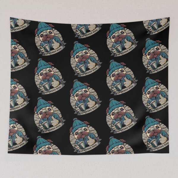 Item preview, Espresso dog, dog drinking coffee, dog with coffee mug, on black background designed and sold by coffeeapparel.
