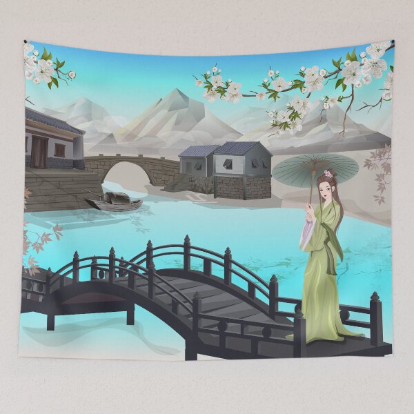 Item preview, Chinese girl standing umbrella on a bridge  designed and sold by WeeraS.