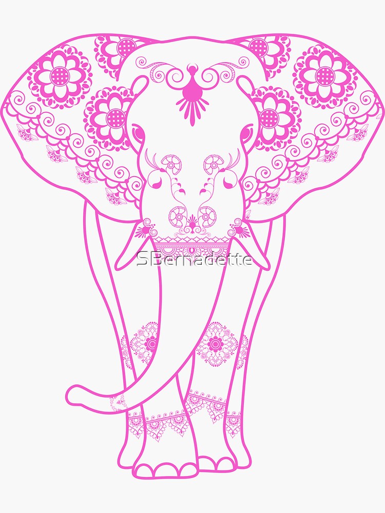 Thumbnail 3 of 3, Sticker, Pretty Henna Elephant Bright Pink with Flowers designed and sold by SBernadette.