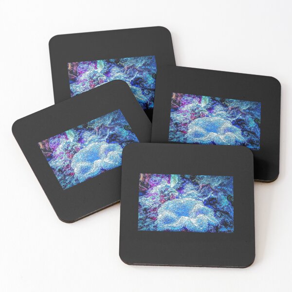 Soft Coral Feeding In Deep Sea Blue - Mixed Media DiveArt Coasters (Set of 4)