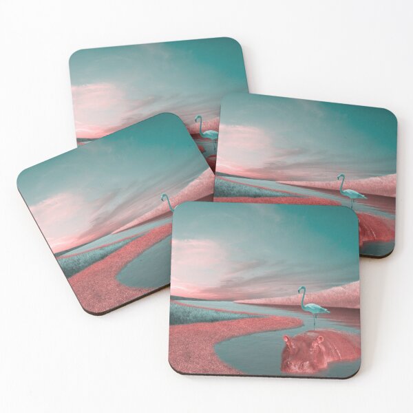 Artikelvorschau, Unwirkliche Flusslandschaft mit blauem Nilpferd und türkisfarbenem Flamingo entworfen und verkauft von Archiworkshop.