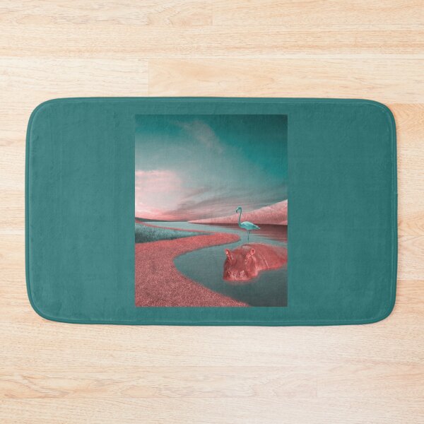 Item preview, Unreal river landscape with blue hippo and turquoise flamingo designed and sold by Archiworkshop.