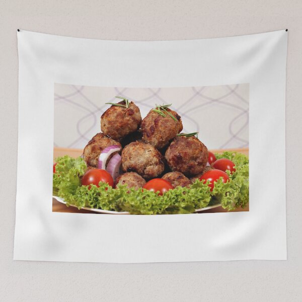 Item preview, tasty meatballs and salad on plate designed and sold by goceris.