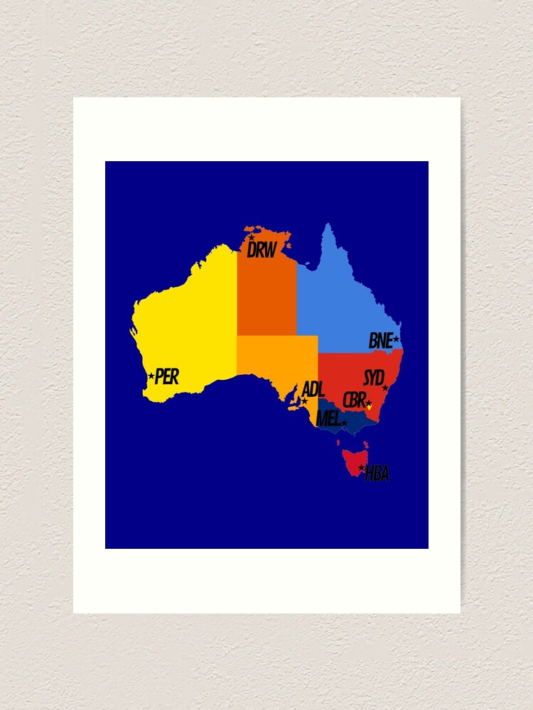 Colorful Australian Map Featuring IATA Capital City Codes Art Print colorful-australian-map-featuring-iata-capital-city-codes-art-print