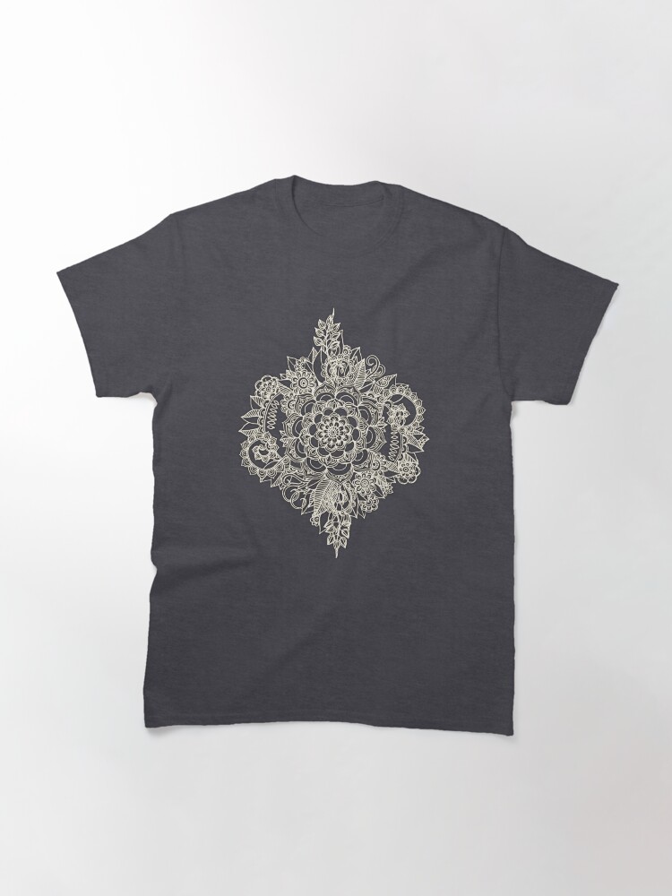 Thumbnail 3 of 7, Classic T-Shirt, Cream Floral Moroccan Pattern on Deep Indigo Ink designed and sold by micklyn.