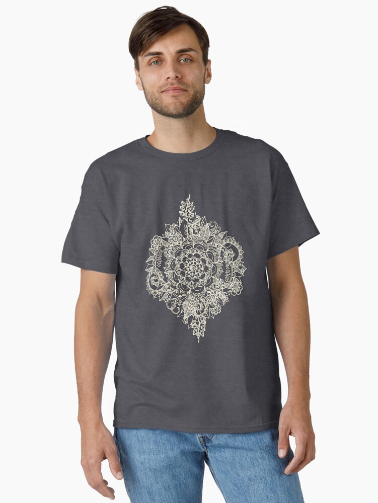 Thumbnail 2 of 7, Classic T-Shirt, Cream Floral Moroccan Pattern on Deep Indigo Ink designed and sold by micklyn.