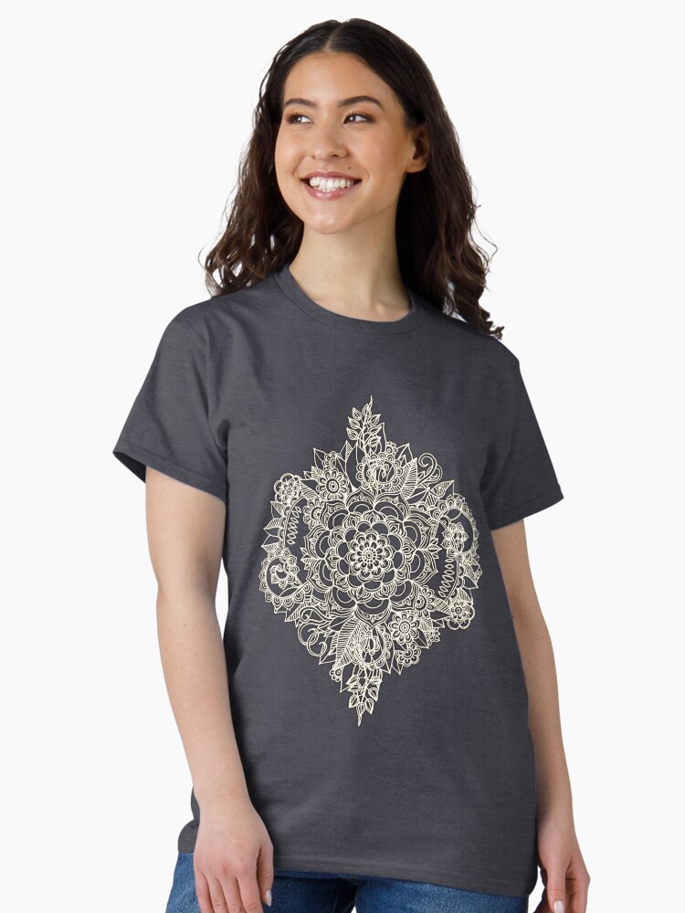 Thumbnail 1 of 7, Classic T-Shirt, Cream Floral Moroccan Pattern on Deep Indigo Ink designed and sold by micklyn.