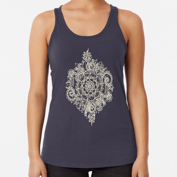 Cream Floral Moroccan Pattern on Deep Indigo Ink Racerback Tank Top