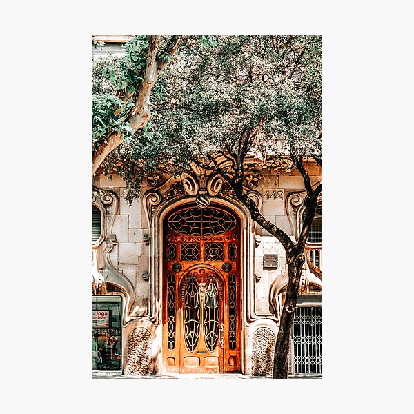 Item preview, House Comalat Barcelona, Beautiful Door Entrance, Casa Comalat, Modernist Building in Barcelona, Architecture Urban City, City Travel Print designed and sold by radub85.