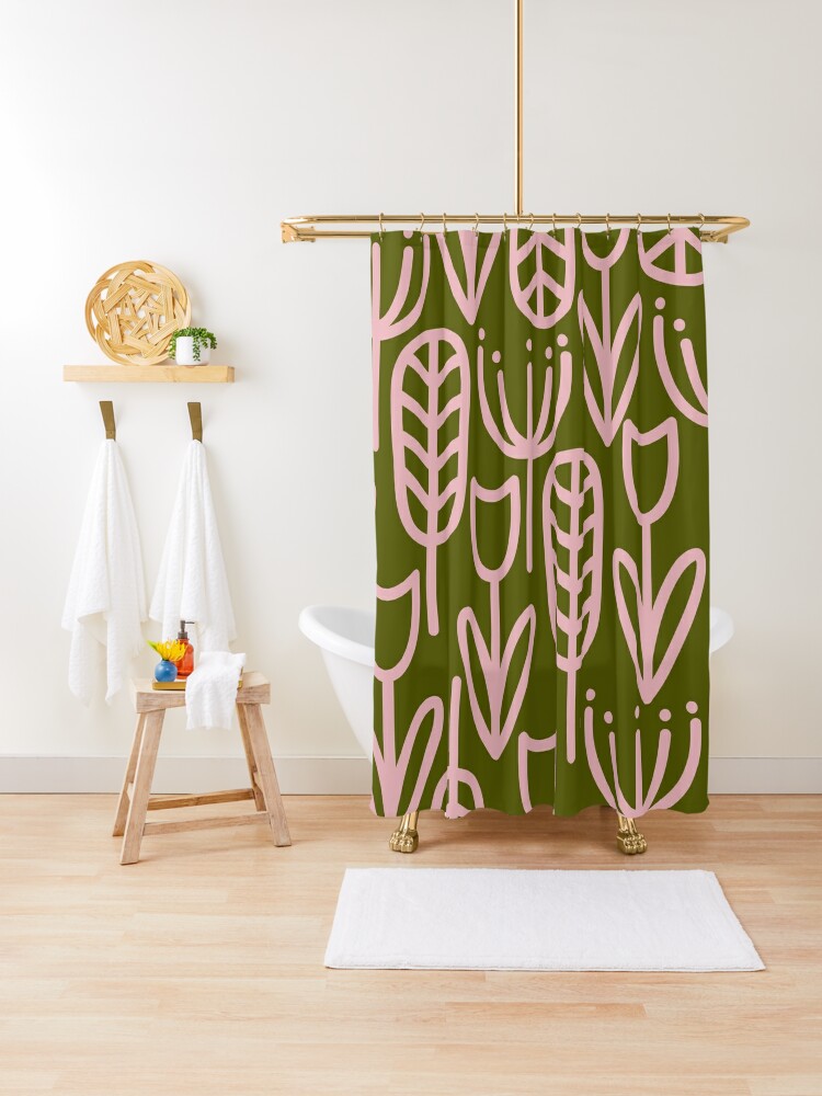 Cheerful Garden Minimalist Botanical Pattern in Pink and Olive Green Shower  Curtain for Sale by kierkegaard