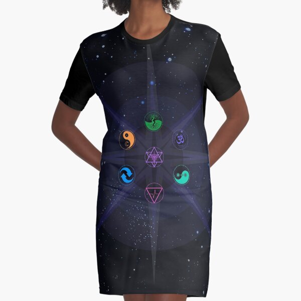 Stars with Colored Universal Principles of Alchemy Symbols Graphic T-Shirt Dress