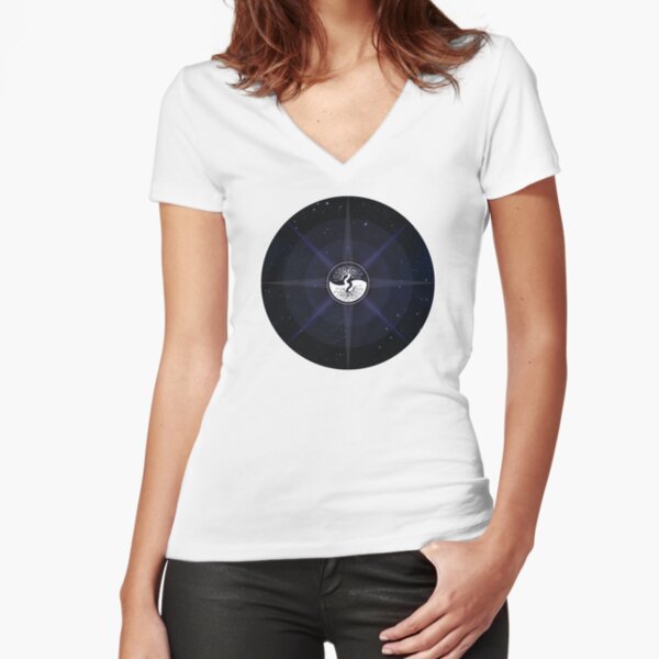 Stars with White Tree of Life Symbol Fitted V-Neck T-Shirt