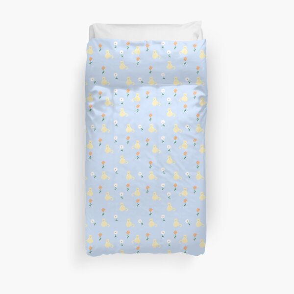 Cats and daisies on baby blue background, pattern Duvet Cover