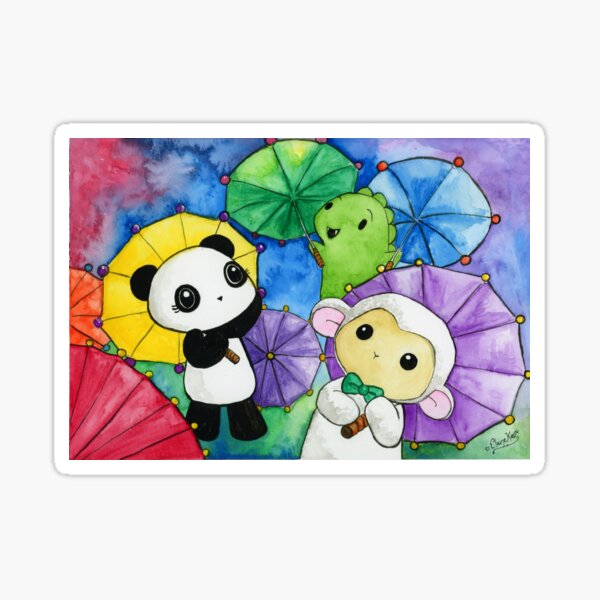 Dino & Panda Watercolour Paintings: Colourful Parasols Sticker