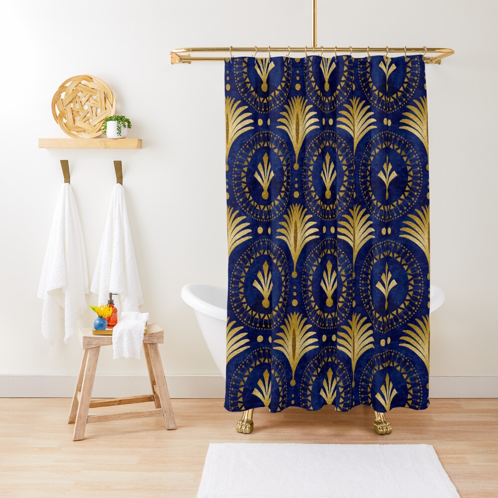 "Elegant Blue Gold Art Deco Pattern" Shower Curtain for Sale by