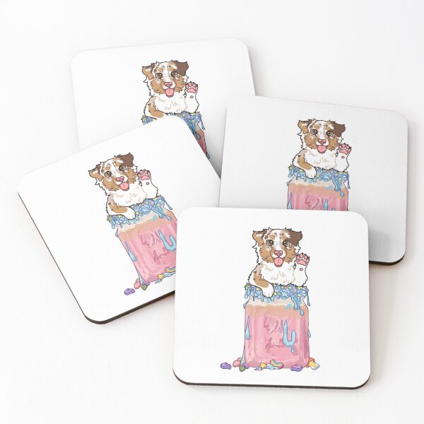 Item preview, Red Merle Australian Shepherd In pastel pink milkshake with blue icing designed and sold by Ivy Fox Illustration.