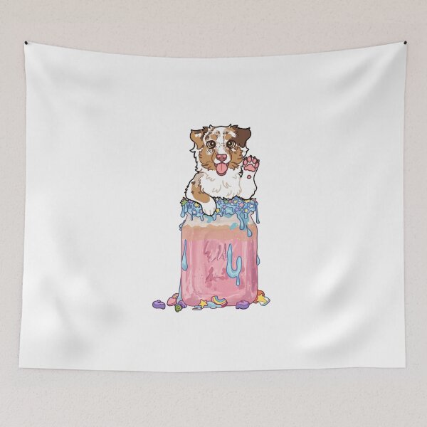 Item preview, Red Merle Australian Shepherd In pastel pink milkshake with blue icing designed and sold by Ivy Fox Illustration.