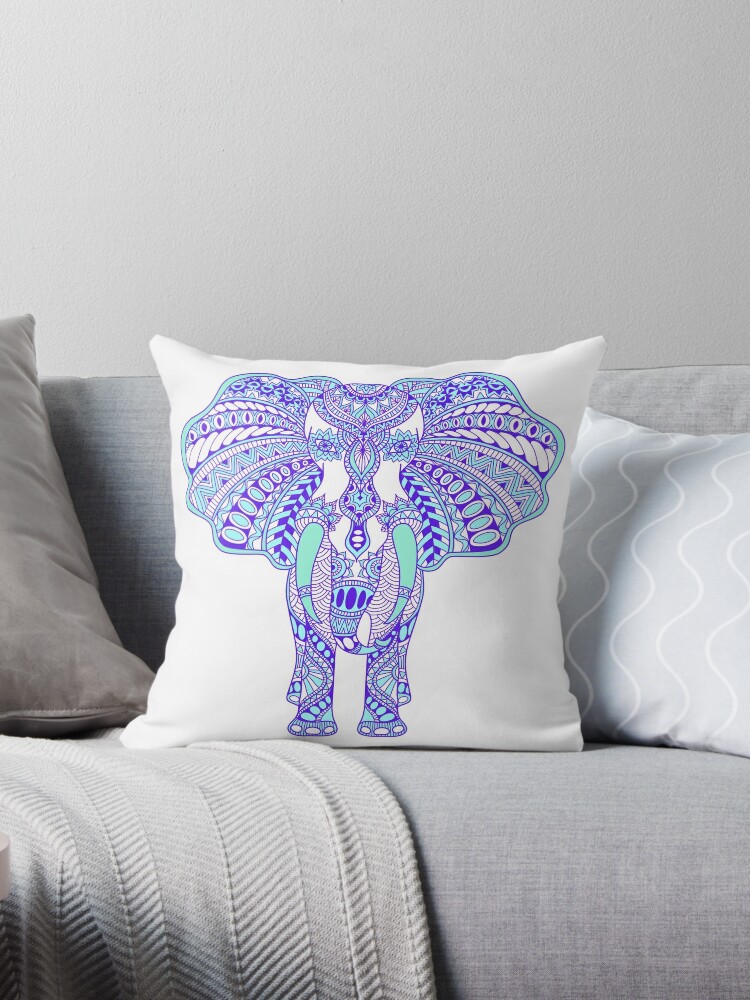 Thumbnail 1 of 3, Throw Pillow, Pretty Henna Pattern Elephant Blues, Greens and Purples designed and sold by SBernadette.