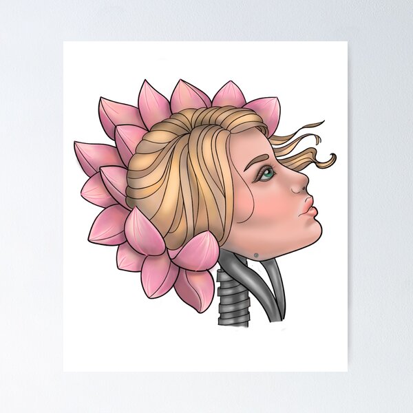 Item preview, Diseño de tatuaje neotradicional Robot Girl con lotus designed and sold by Evilbunnyx.