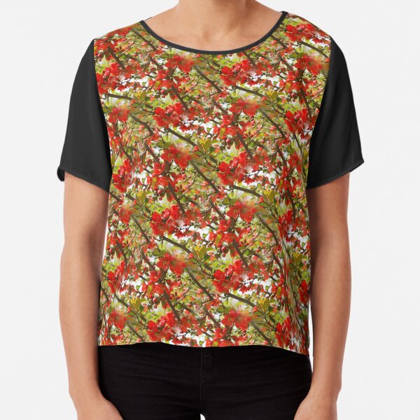 Bright Red Flower Blossoms Pattern Chiffon Top