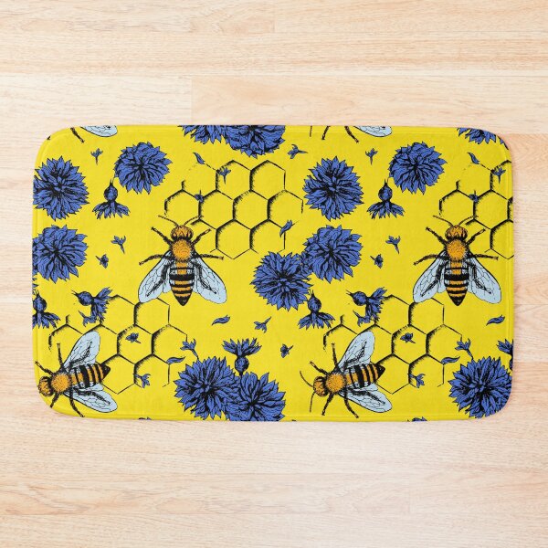 Aperçu de l'œuvre Fleurs bleues et abeilles jaunes rucher motif floral peint créée et vendue par Rakesh Murugan.