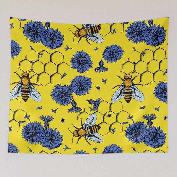 Item preview, Blue flowers and yellow bees apiary painted floral pattern designed and sold by Rakesh Murugan.