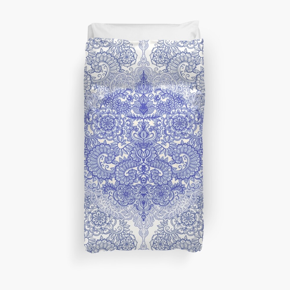 Happy Place Doodle in Cornflower Blue, White & Grey Duvet Cover