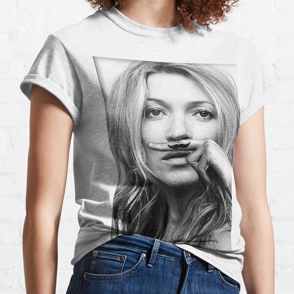 Kate Moss, Mustache, Black and White Photograph Classic T-Shirt